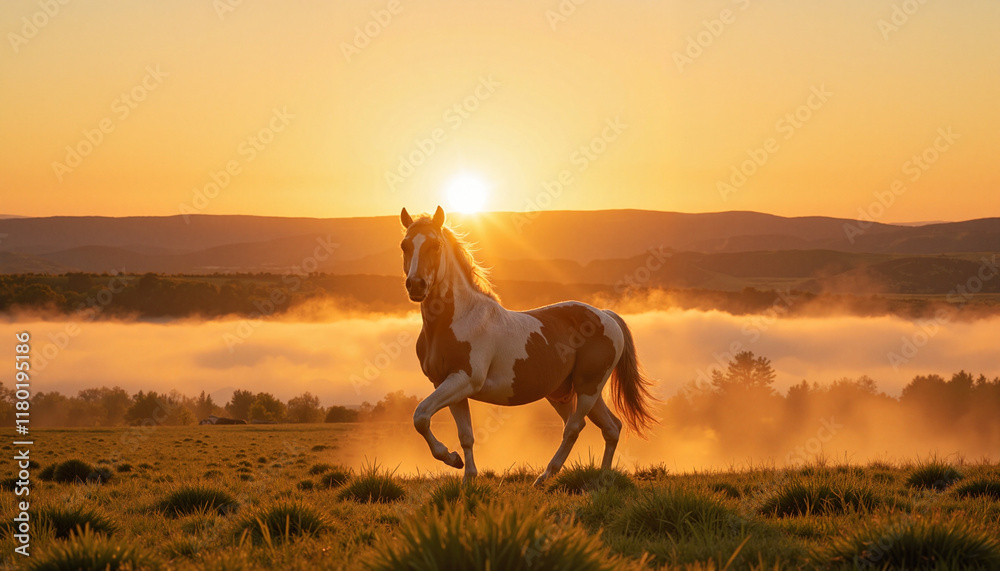 Galloping horse at sunrise in misty field Galloping horse at sunrise in misty field