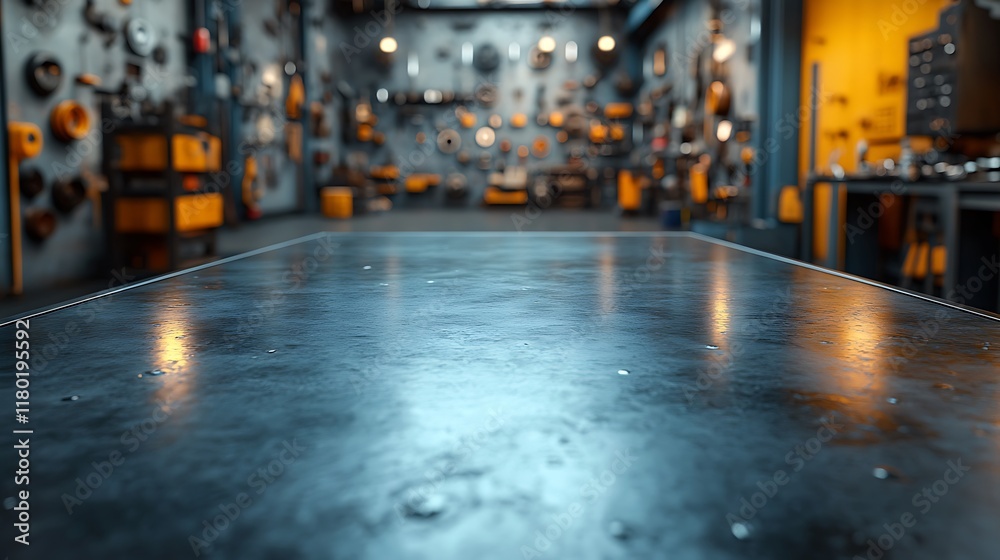 Obraz premium close-up of a textured metal surface with a workshop in the blurry background.