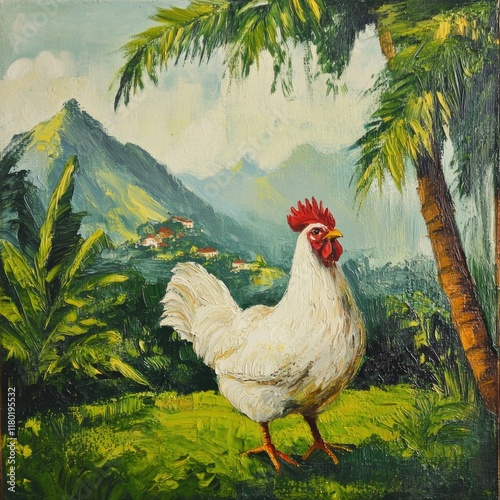 A picture of a chicken standing in a green field photo