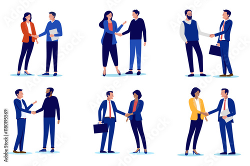 People handshake collection - Set of vector illustrations with businesspeople shaking hands in office or at work over business agreement, deal and cooperation. Flat design with white background
