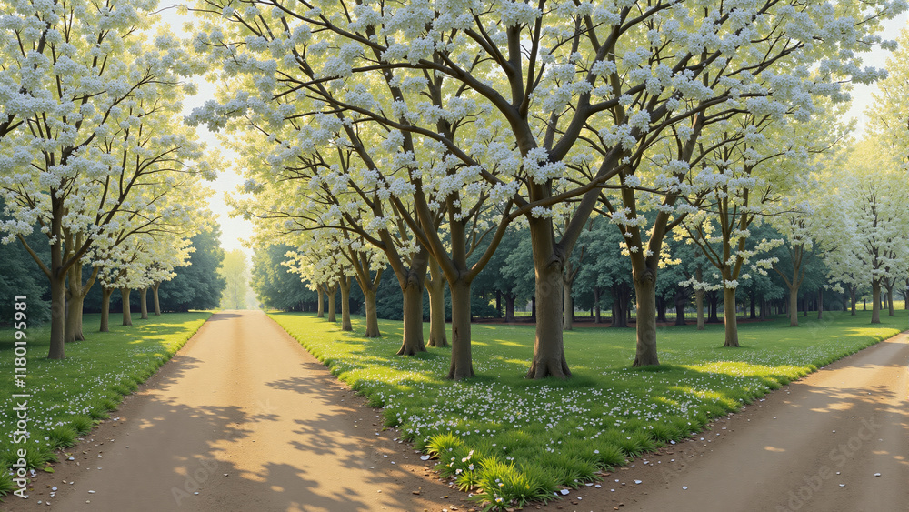 Blossoming trees lining a picturesque pathway in a tranquil park Blossoming trees lining a picturesque pathway in a tranquil park