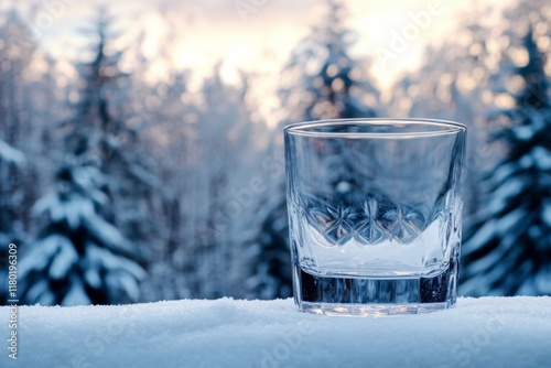 Wallpaper Mural A crystal-clear glass rests on a blanket of fresh snow, set against a tranquil snowy forest illuminated by soft daylight. The landscape evokes a peaceful winter ambiance Torontodigital.ca