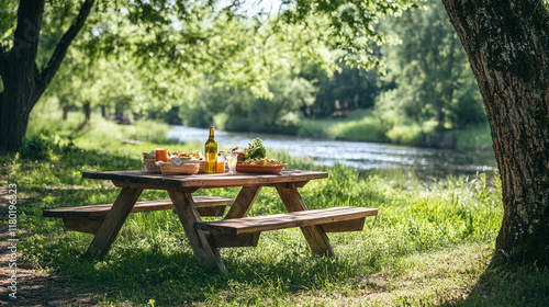 Fototapeta Naklejka Na Ścianę i Meble -  Wooden picnic bench and table with food and drinks in sunny spring or summer meadow grass nature near the river or lake water, nobody, countryside leisure relaxation, outdoors tree shadow in the park.