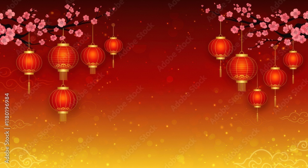 Lunar New Year Celebration: Red Lanterns and Cherry Blossoms. A vibrant and festive backdrop featuring traditional red lanterns hanging from blossoming cherry branches against a warm. Lunar New Year Celebration: Red Lanterns and Cherry Blossoms. A vibrant and festive backdrop featuring traditional red lanterns hanging from blossoming cherry branches against a warm.