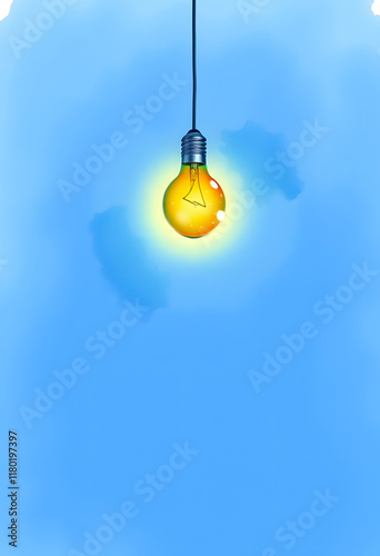 A solitary lightbulb illuminating a blue background, offering space for creativity and innovation., watercolor, with white tones