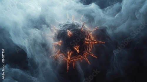 glowing spiky 3D model of the Human metapneumovirus Virus hmpv particle floating in deep space background with faint light beams and swirling fog adding depth photo