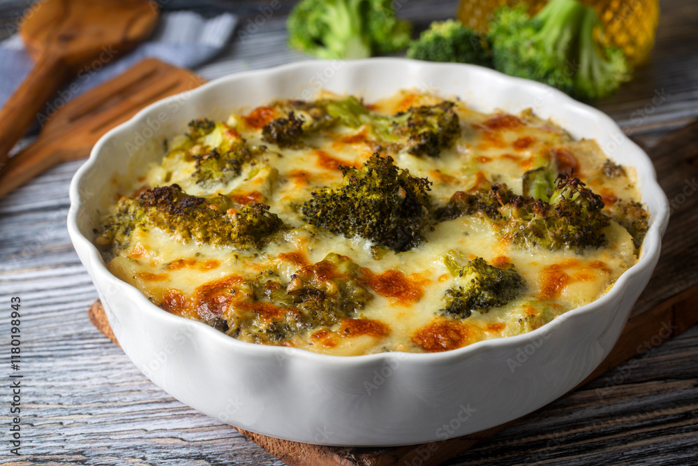 Casserole Cauliflower and broccoli baked with cheese sauce in a pot close-up on a wooden table. Horizontal top view from above. Broccoli gratin.