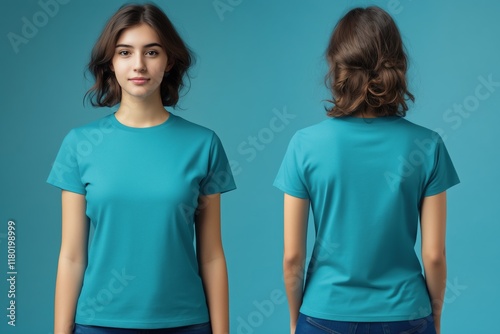 A young woman wearing a plain teal color T-shirt mockup, posing in front and back views against a solid teal background. Her hair is styled casually, and she has a neutral expression.