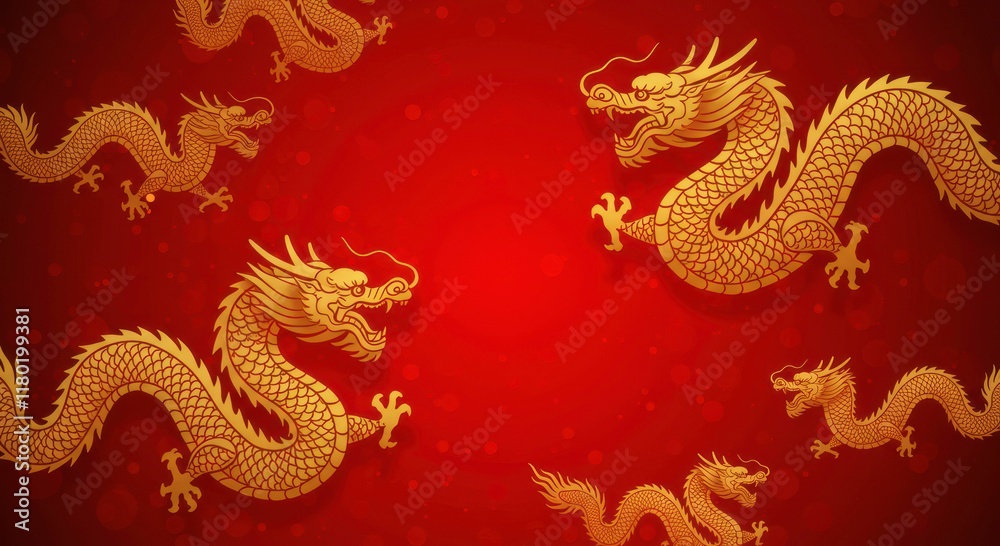 Fototapeta premium Golden Dragons on Red: Majestic gold dragons elegantly wind across a rich red background.