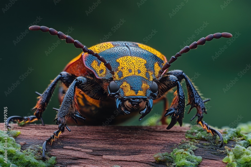 Naklejka premium A small colorful insect perched on a wooden surface, perfect for illustrating nature and wildlife concepts