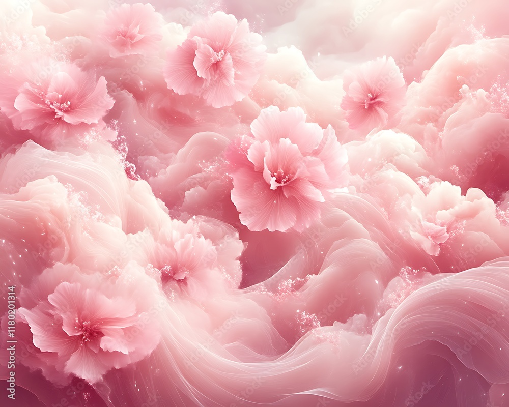 Pink flowers floating on dreamy clouds. Pink flowers floating on dreamy clouds.