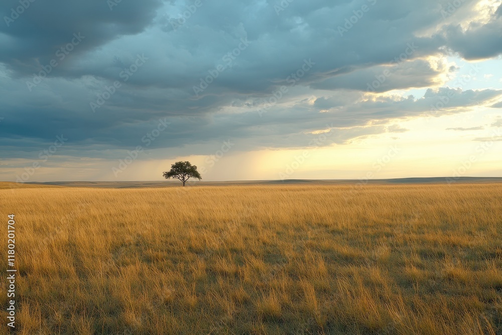 Lone Tree in Golden Grassland Under Dramatic Sky Lone Tree in Golden Grassland Under Dramatic Sky