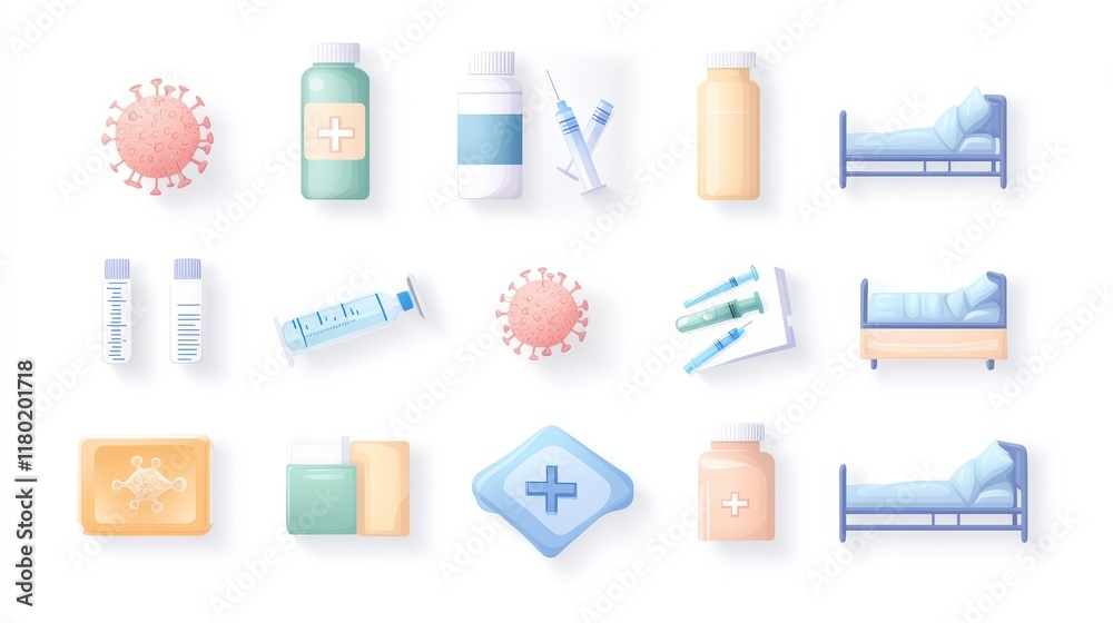 set of icons representing hand sanitizers masks Human metapneumovirus Virus hmpv particles syringes and hospital beds in flat minimalist style set of icons representing hand sanitizers masks Human metapneumovirus Virus hmpv particles syringes and hospital beds in flat minimalist style