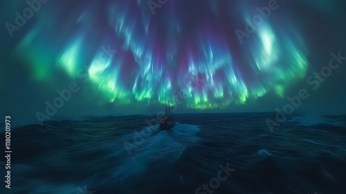 Sailing ship under vibrant aurora borealis. photo