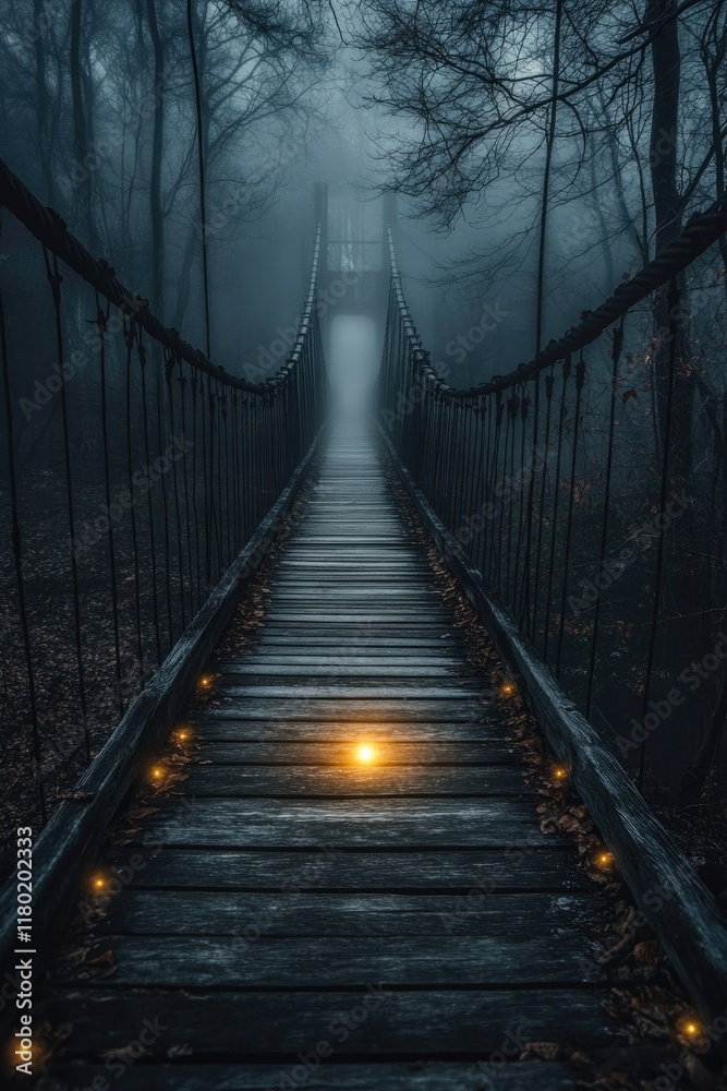 Obraz premium Mysterious bridge illuminated by glowing orbs, surrounded by fog
