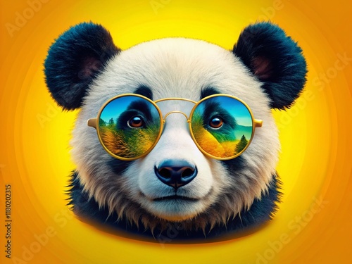 Cute Panda Bear Wearing Glasses on Yellow Background - Double Exposure Stock Photo photo