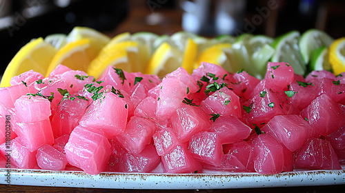 Bright and Vibrant Tuna Cubes Served with Zesty Lemon Slices and Fresh Parsley, Showcasing the Freshness and Premium Quality of Sushi-Grade Seafood photo