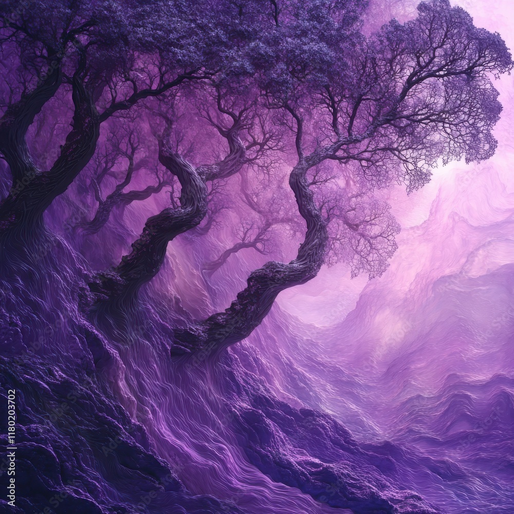 Naklejka premium Purple Mountain Valley with Twisted Trees - A Dreamlike Landscape