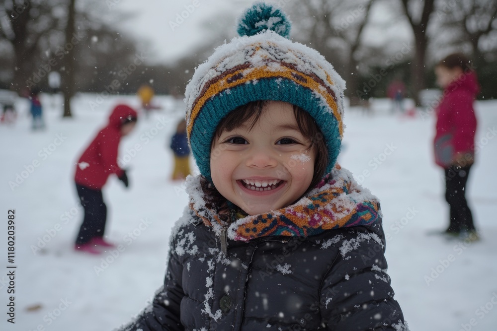 A joyful child dressed in winter clothes smiles brightly while playing in a snow-covered park, surrounded by other children enjoying the winter day A joyful child dressed in winter clothes smiles brightly while playing in a snow-covered park, surrounded by other children enjoying the winter day