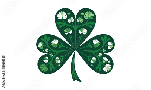 Intricate green shamrock illustration with floral patterns, ideal for St. Patrick's Day, Irish culture, and festive designs.