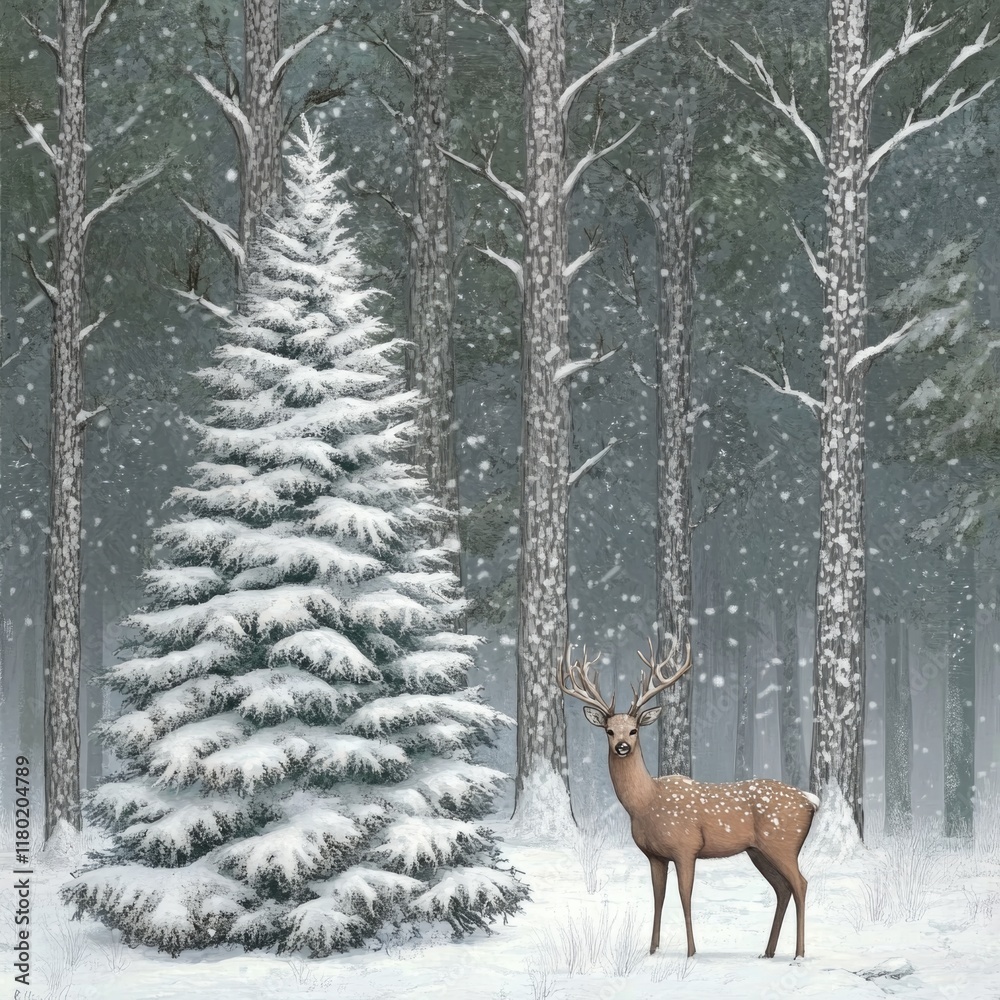A single deer stands alone in a snowy forest, surrounded by trees and snowflakes A single deer stands alone in a snowy forest, surrounded by trees and snowflakes