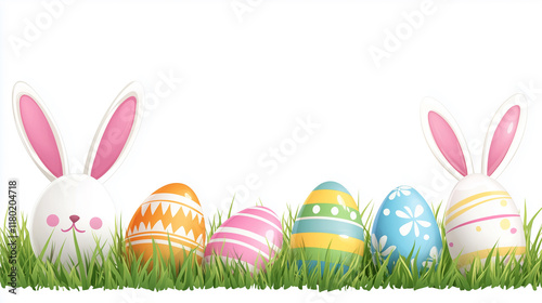 Illustration of an Easter egg border with rabbit ears on grass, isolated on a white background. Banner for design and decoration, or as a greeting card template. Happy easter background, mockup, templ