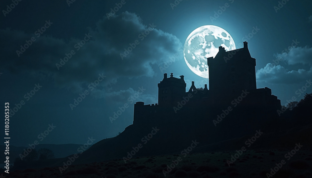 Fototapeta premium Silhouetted castle against full moon at night, St. Patrick’s Day