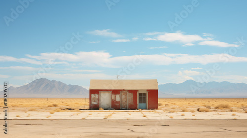 abandoned house in the desert, minimalist, retro avant guarde mood, the mojave desert