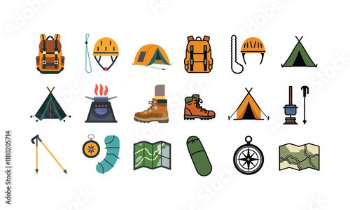 Camping and Hiking Gear Vector Set with Tents, Backpacks, and Outdoor Essentials