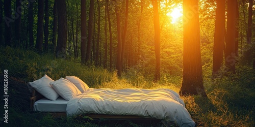 Fototapeta Naklejka Na Ścianę i Meble -  Morning sunrise over the bed placed in forest or woods nature outdoors. Copy space, natural summer sleep and relax in the garden