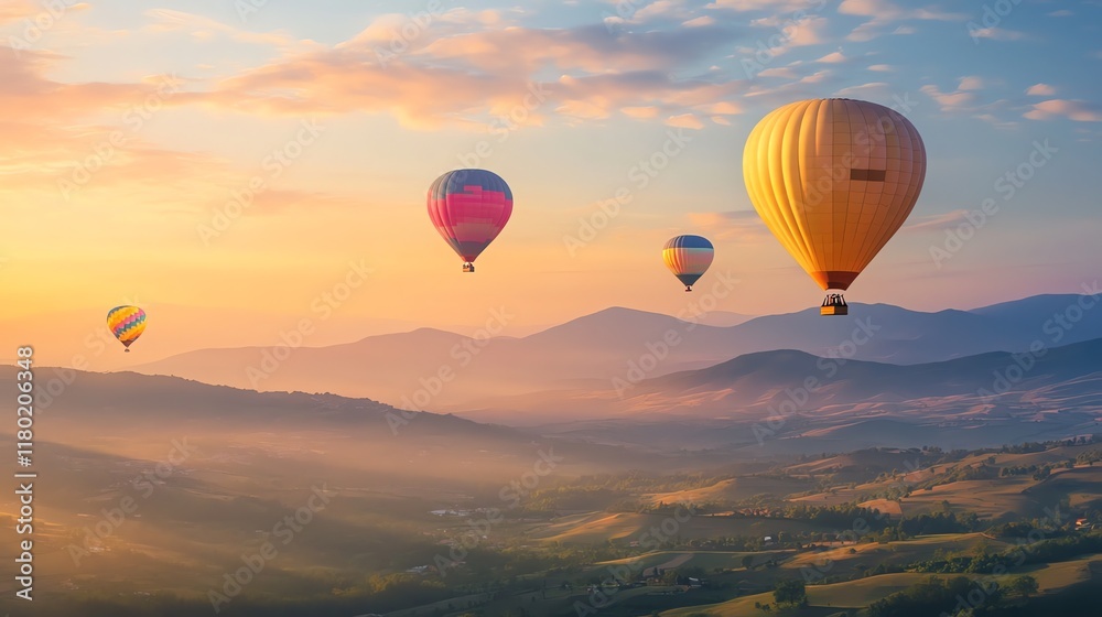 Fototapeta premium Serene sunrise over rolling hills.