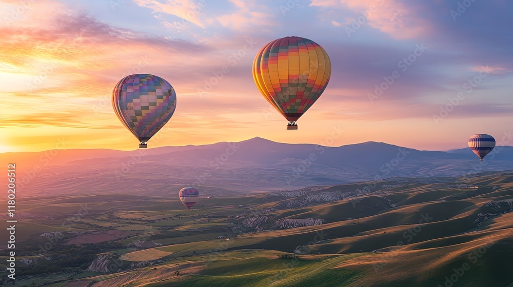 Obraz premium Serene sunrise over rolling hills, four hot air balloons drift peacefully across a v