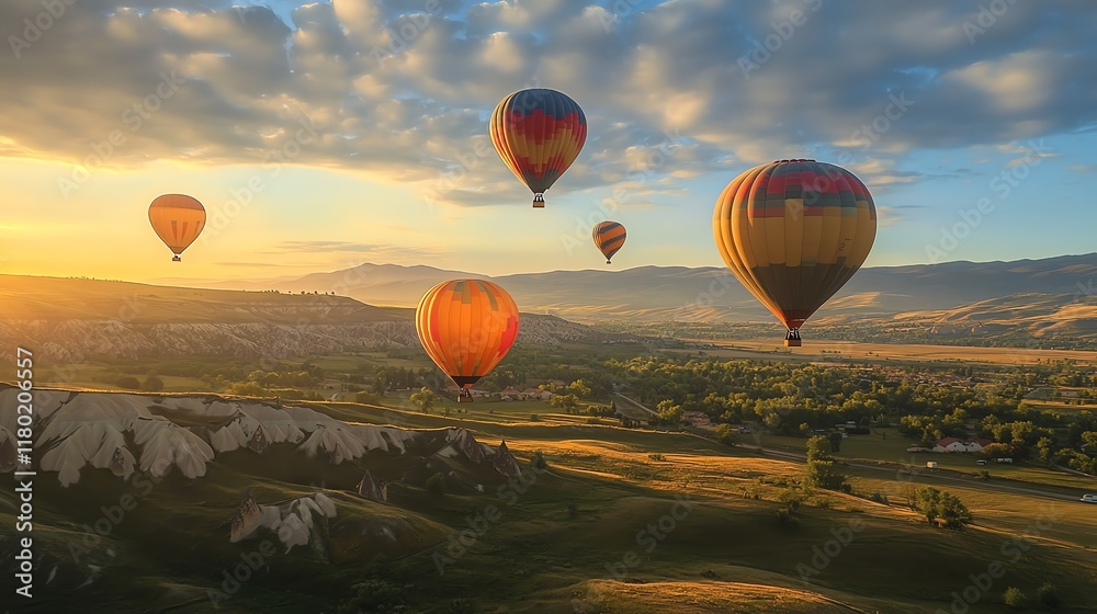 Fototapeta premium Golden hour illuminates hot air balloons soaring over picturesque va