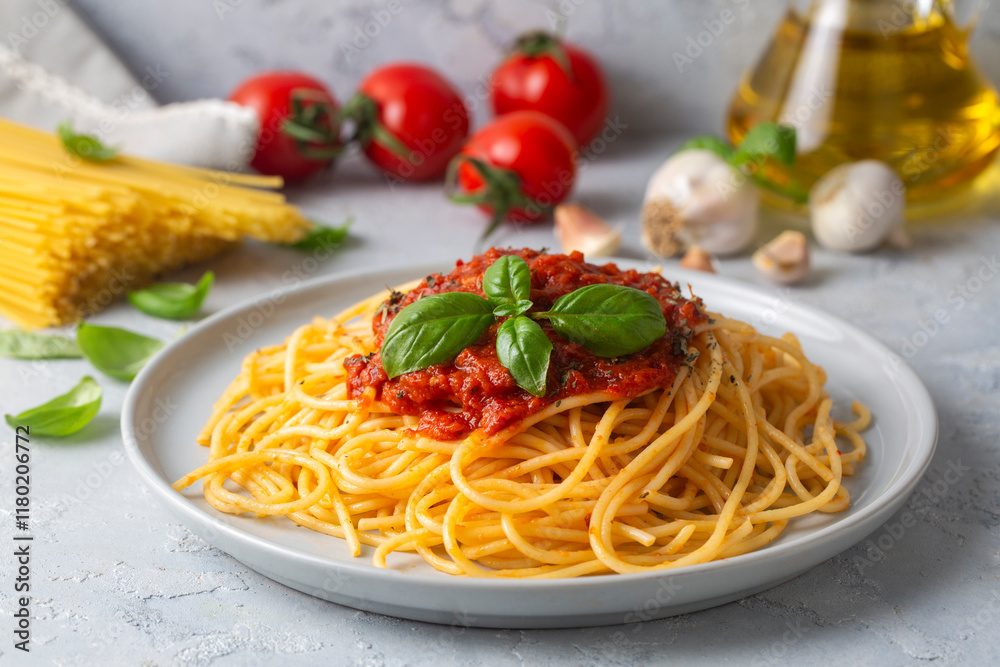 Tasty appetizing classic italian spaghetti pasta with tomato sauce Tasty appetizing classic italian spaghetti pasta with tomato sauce