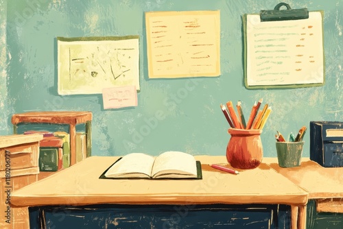 A Studious Desk Scene With Books Pencils And Papers photo