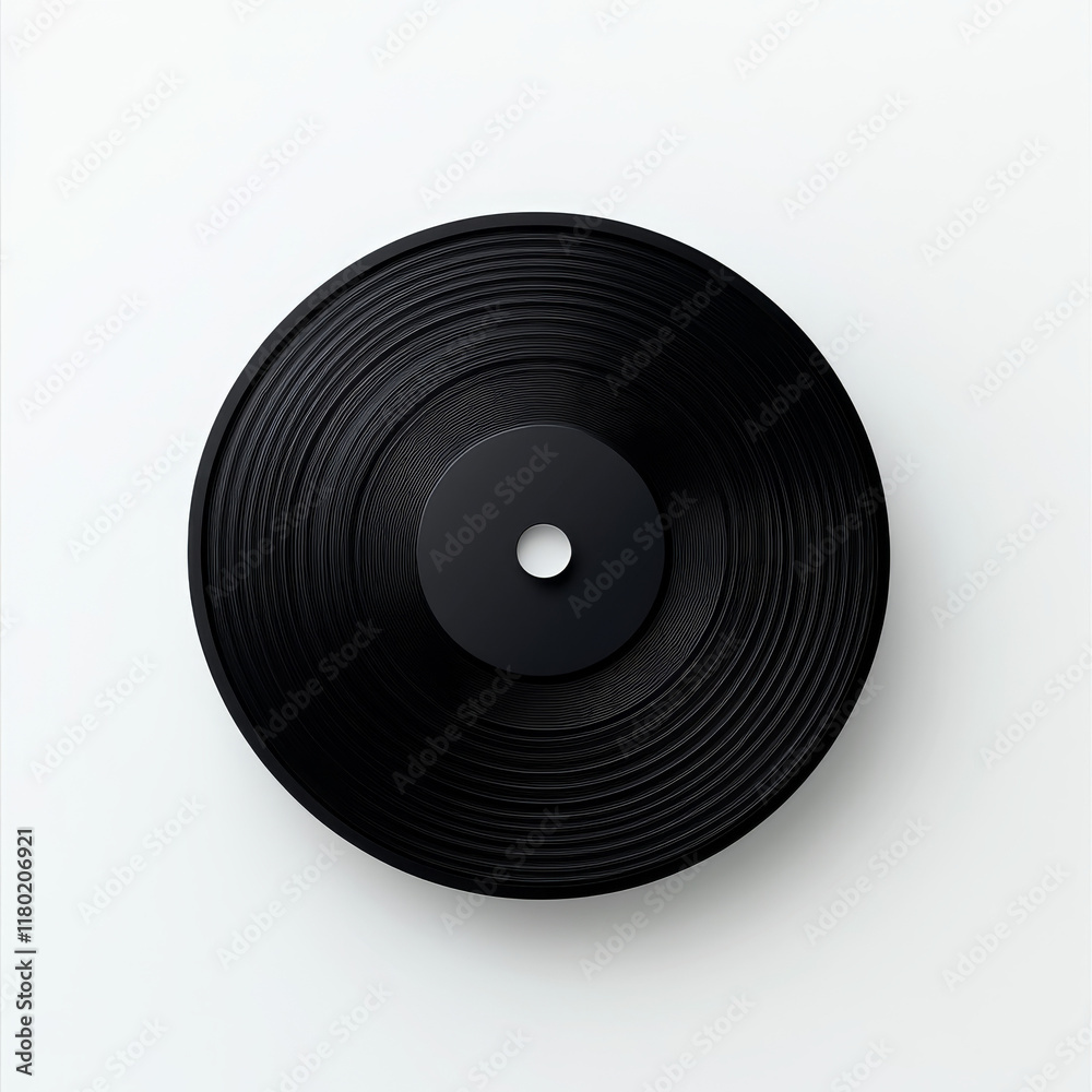 Obraz premium A classic black vinyl record rests flat on a white surface, emphasizing its circular grooves. The simplicity highlights the nostalgic charm of music and retro culture