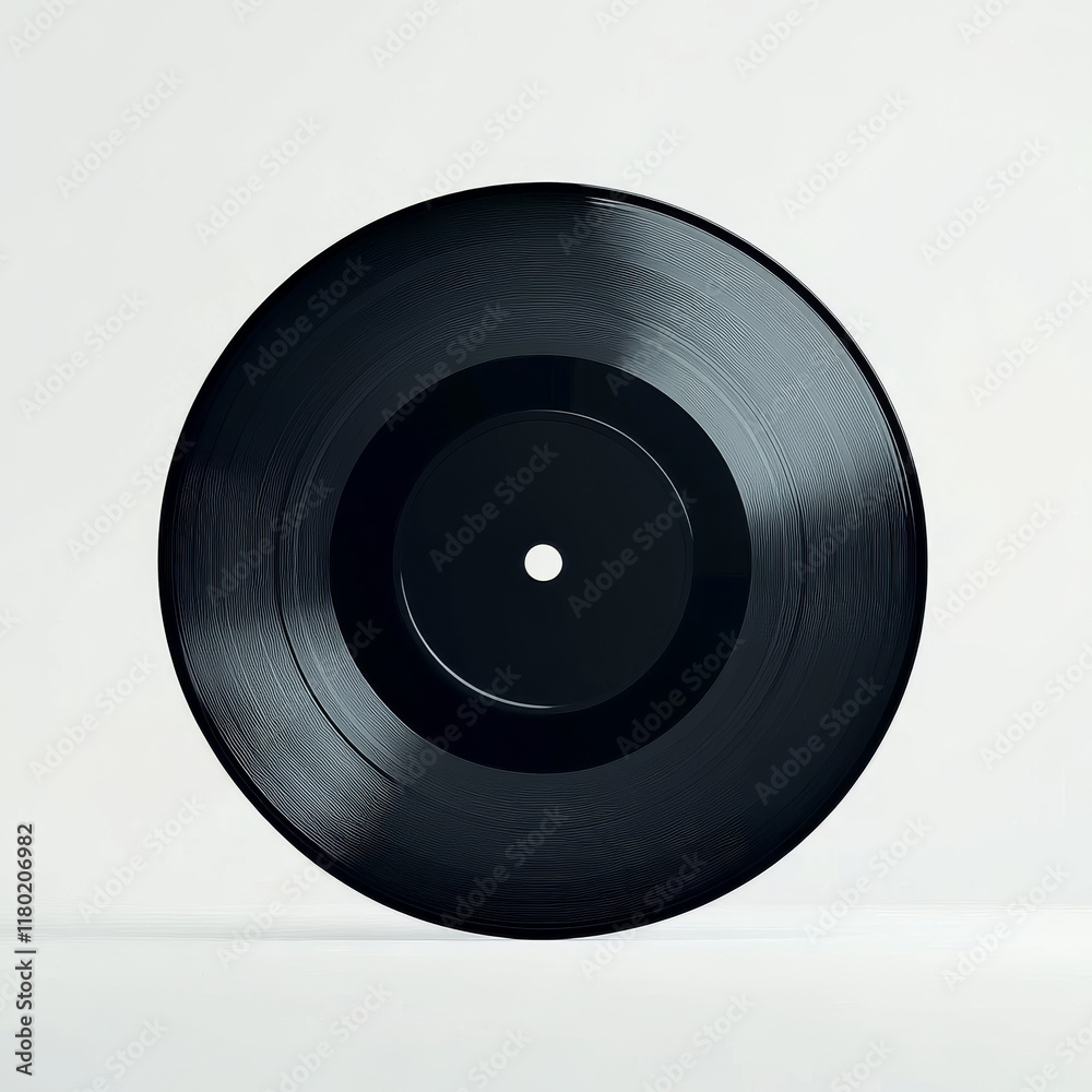 Obraz premium A black vinyl record rests flat against a light backdrop, emphasizing its classic round shape and sleek surface. The lighting highlights the subtle details of the grooves and reflections