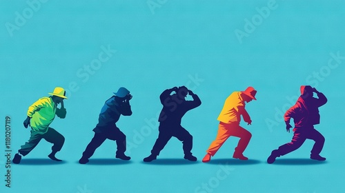 Wallpaper Mural   A group of individuals posed together in front of a blue backdrop, with a silhouette of a man brandishing a baseball bat Torontodigital.ca