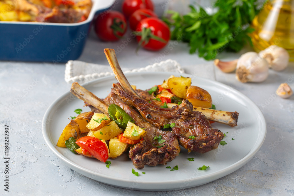 Grilled lamb chops in the oven with sautéed vegetables such as potatoes and peppers