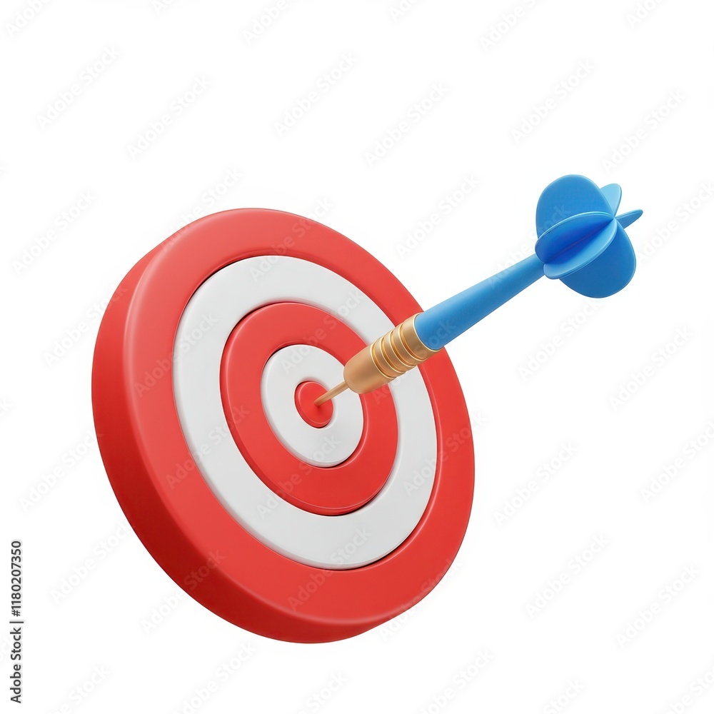 A 3D illustration of a red and white bullseye target with a blue dart precisely hitting the center isolated on a white background A 3D illustration of a red and white bullseye target with a blue dart precisely hitting the center isolated on a white background