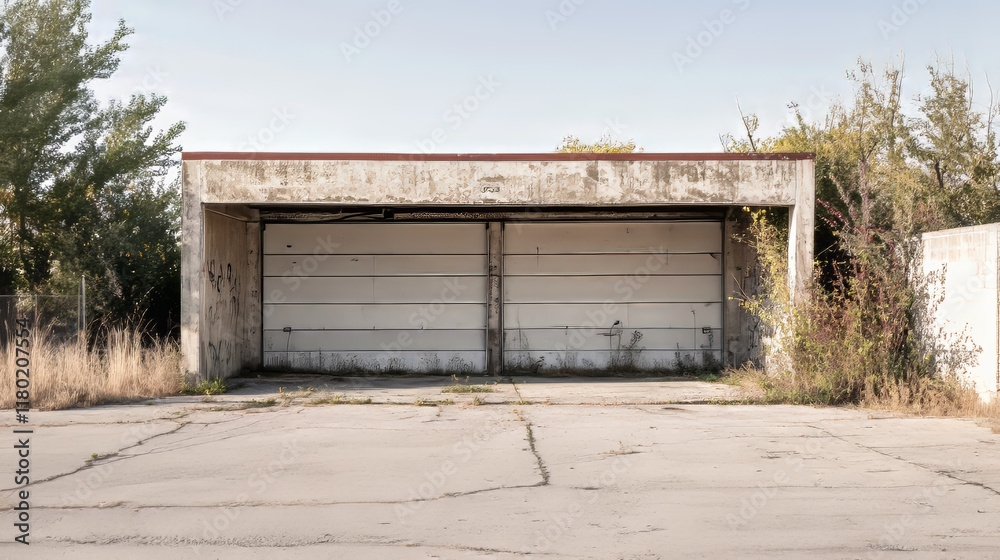 A neglected concrete garage stands empty in an abandoned area, surrounded by overgrown grass and shrubs. The weathered exterior shows signs of wear, reflecting years of neglect in the daylight A neglected concrete garage stands empty in an abandoned area, surrounded by overgrown grass and shrubs. The weathered exterior shows signs of wear, reflecting years of neglect in the daylight