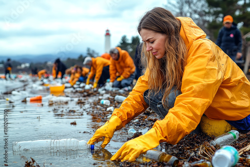 Volunteers cleaning polluted beach tackling plastic waste for environmental restoration photo