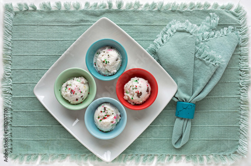 Mini Bowls of Confetti Snow Ice Cream on Teal Place Mat