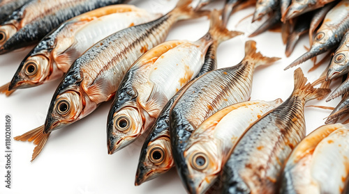 Freshly caught fish arranged in rows photo