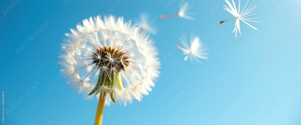 Dandelion seeds gently carried away on the breeze against a vibrant blue sky. A symbol of wishes and new beginnings, captured in a moment of delicate beauty. Dandelion seeds gently carried away on the breeze against a vibrant blue sky. A symbol of wishes and new beginnings, captured in a moment of delicate beauty.