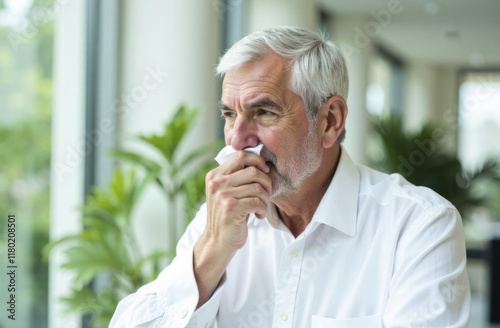 Grey hair man sneezing in tissue near window in office. Health care and medicine concept.