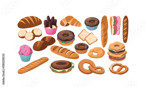 Vector illustration of assorted bakery items, including breads, cupcakes, donuts, sandwiches, and pretzels.