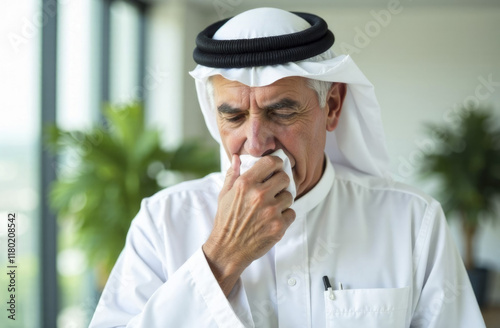 Sick elderly arab man sneezing in tissue near window in office. Health care and medicine concept.