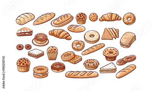 Hand-drawn vector illustration of assorted baked goods, including breads, muffins, croissants, and donuts.