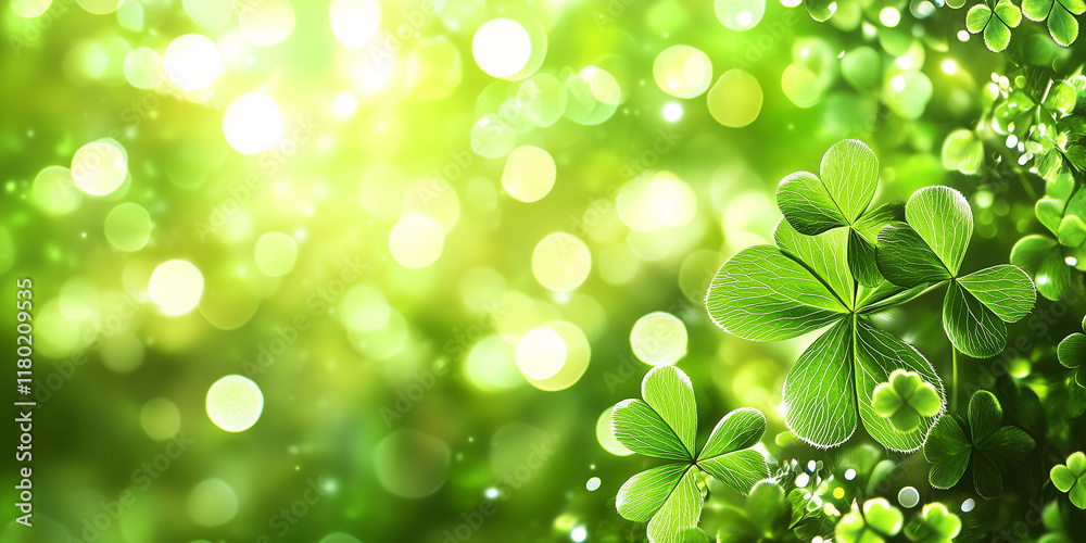 Lush green clover leaves with sunlit bokeh background. Spring themed and St. Patrick's Day backdrop Lush green clover leaves with sunlit bokeh background. Spring themed and St. Patrick's Day backdrop